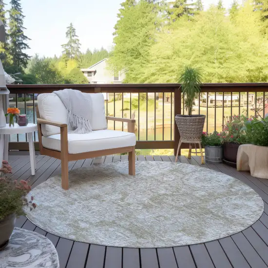 8' Beige Tan And Gray Round Floral Washable Indoor Outdoor Area Rug Photo 5