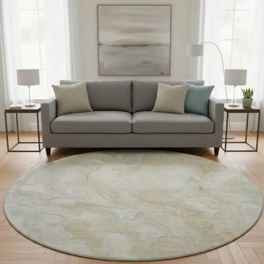 8' Beige Tan And Ivory Abstract Washable Round Rug With UV Protection Photo 2