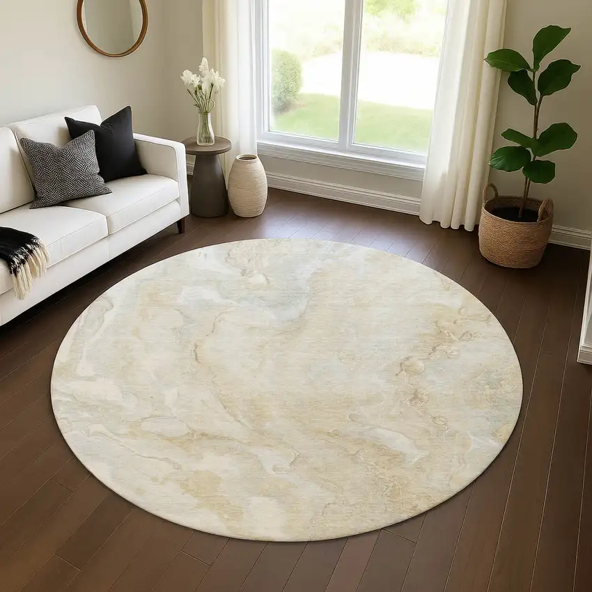 8' Beige Tan And Ivory Abstract Washable Round Rug With UV Protection Photo 4