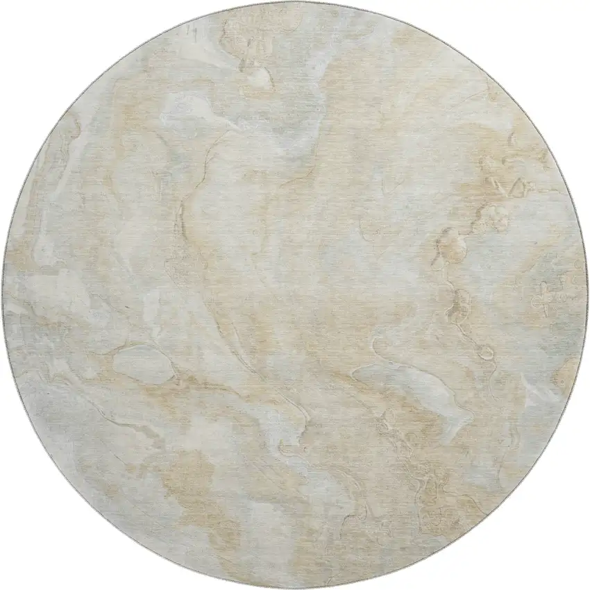 8' Beige Tan And Ivory Abstract Washable Round Rug With UV Protection Photo 1