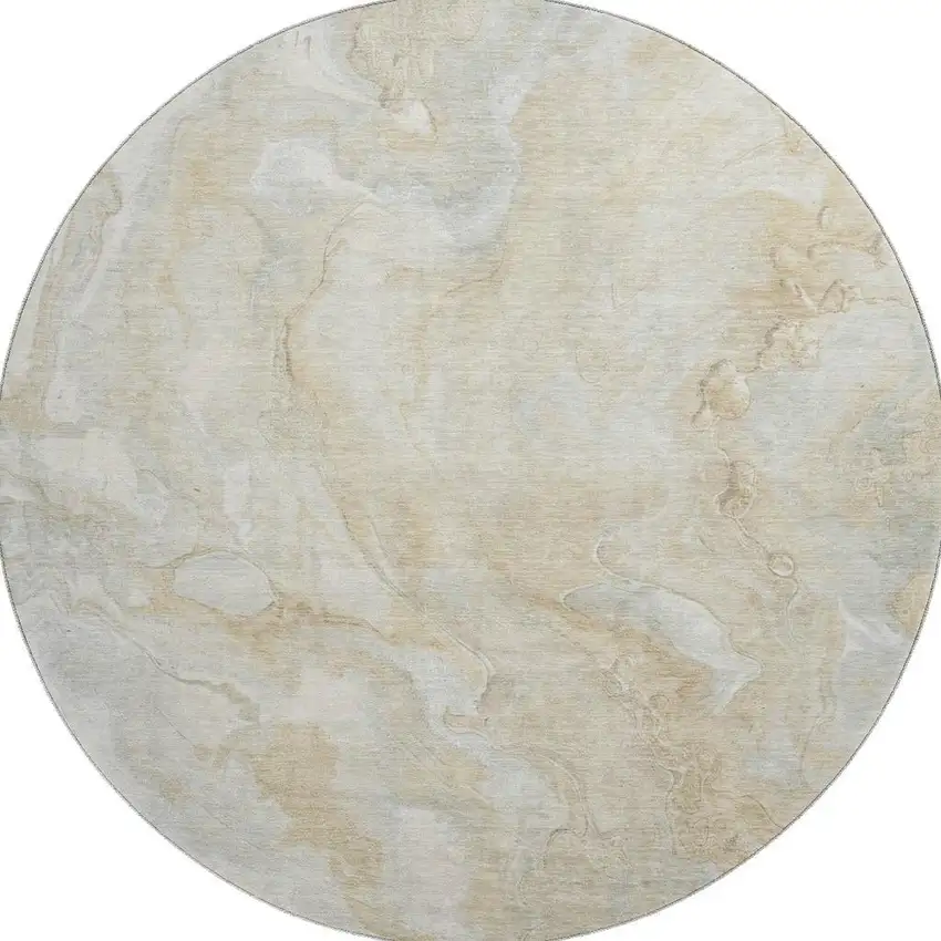 8' Beige Tan And Ivory Abstract Washable Round Rug With UV Protection Photo 3