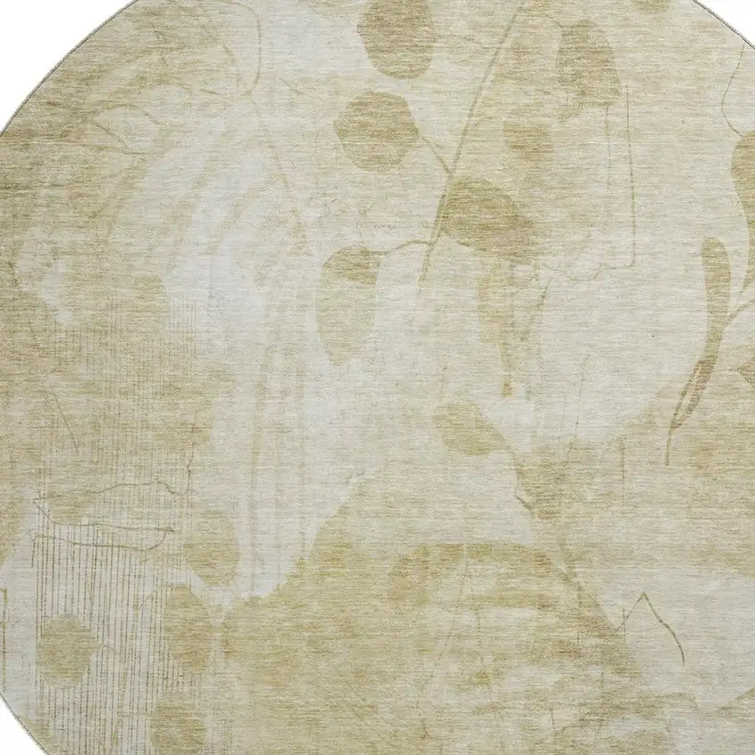 8' Beige Tan And Ivory Floral Washable Round Rug With UV Protection Photo 3