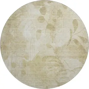 Photo of 8' Beige Tan And Ivory Floral Washable Round Rug With UV Protection