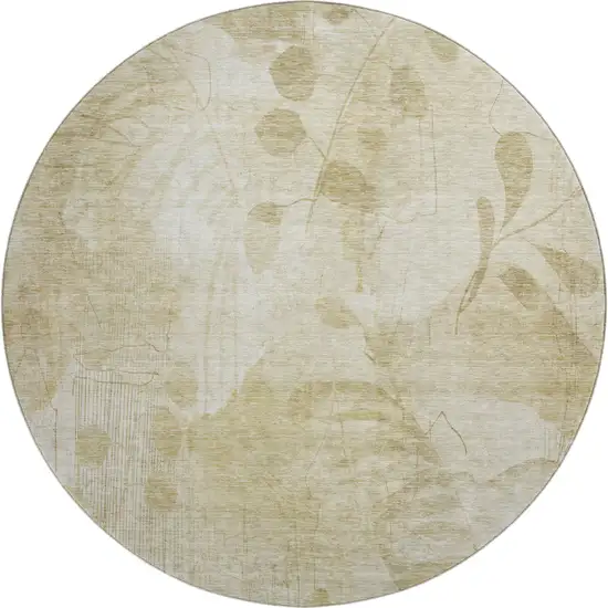 8' Beige Tan And Ivory Floral Washable Round Rug With UV Protection Photo 1
