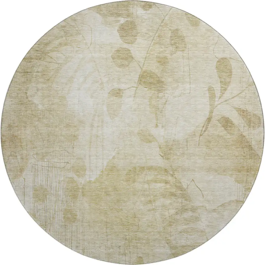 8' Beige Tan And Ivory Floral Washable Round Rug With UV Protection Photo 1