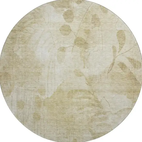 8' Beige Tan And Ivory Floral Washable Round Rug With UV Protection Photo 4