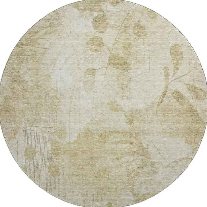 8' Beige Tan And Ivory Floral Washable Round Rug With UV Protection Photo 4
