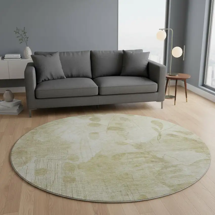 8' Beige Tan And Ivory Floral Washable Round Rug With UV Protection Photo 2