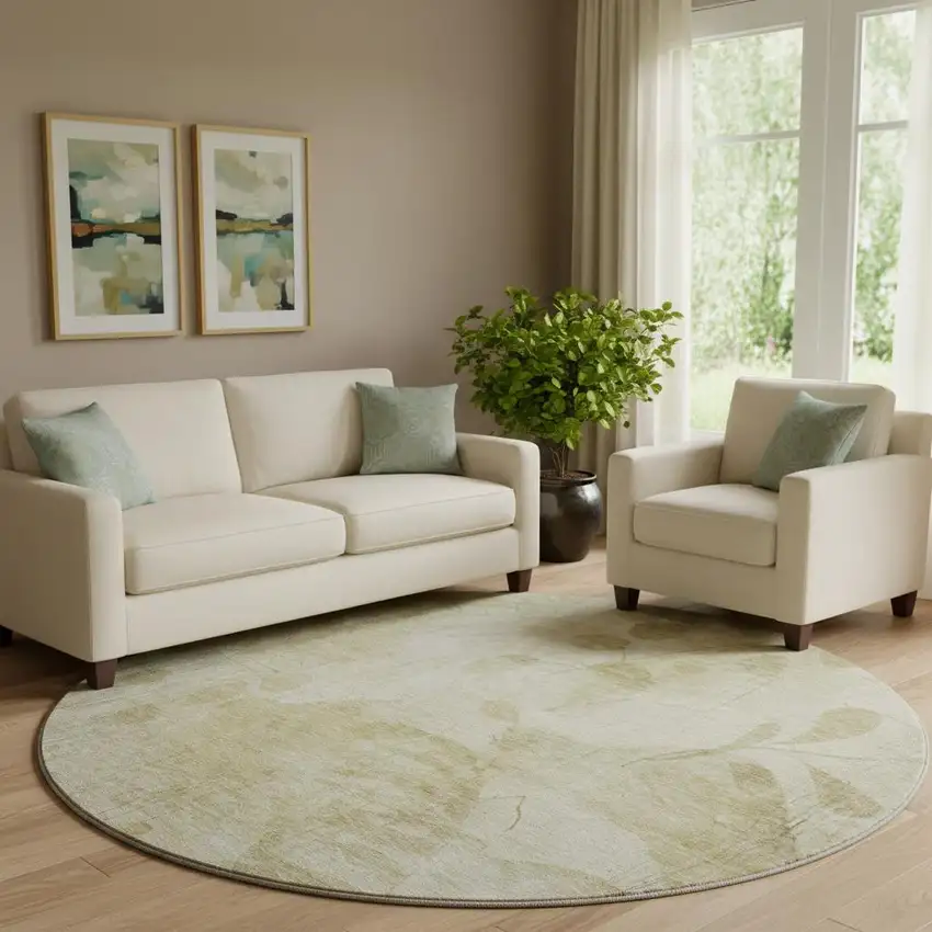 8' Beige Tan And Ivory Floral Washable Round Rug With UV Protection Photo 1