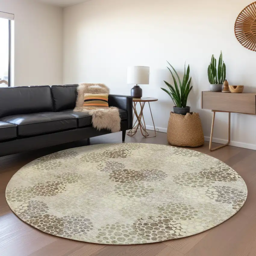 8' Beige Tan And Ivory Polka Dot Washable Round Rug With UV Protection Photo 5