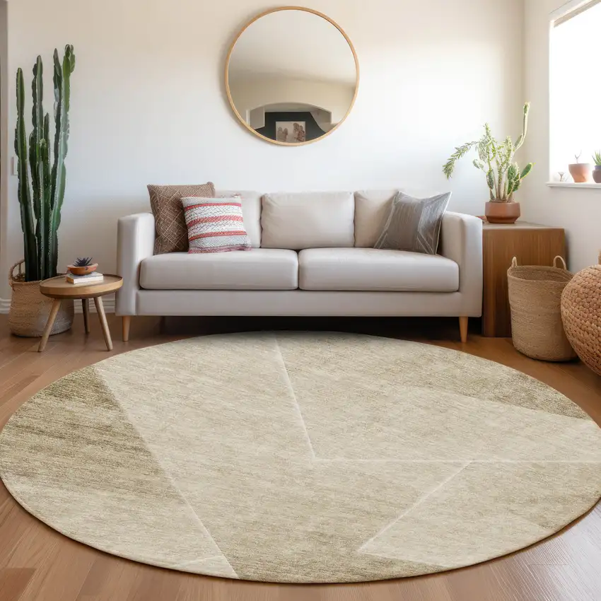 8' Beige Tan And Ivory Round Abstract Washable Indoor Outdoor Area Rug Photo 7