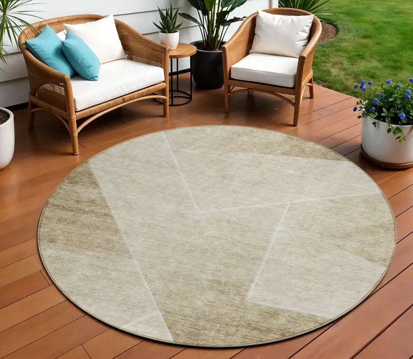 8' Beige Tan And Ivory Round Abstract Washable Indoor Outdoor Area Rug Photo 1