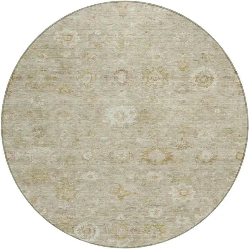 8' Beige Tan And Ivory Round Damask Washable Indoor Outdoor Area Rug Photo 1