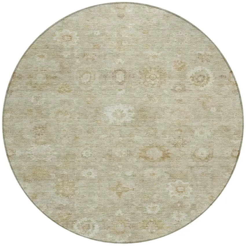 8' Beige Tan And Ivory Round Damask Washable Indoor Outdoor Area Rug Photo 3