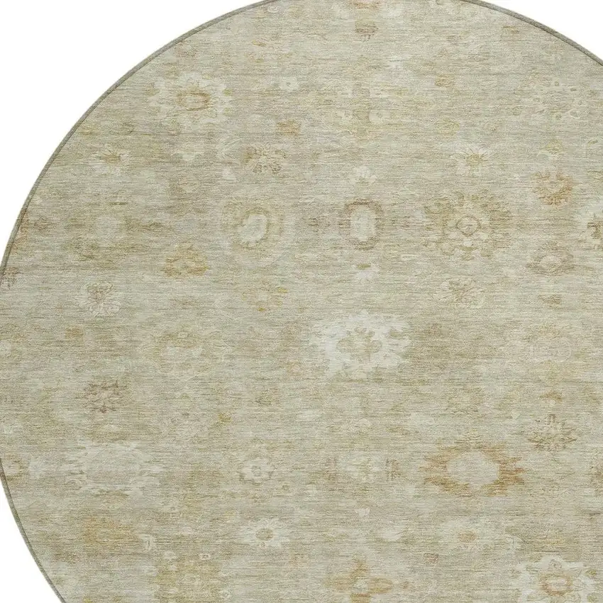 8' Beige Tan And Ivory Round Damask Washable Indoor Outdoor Area Rug Photo 4