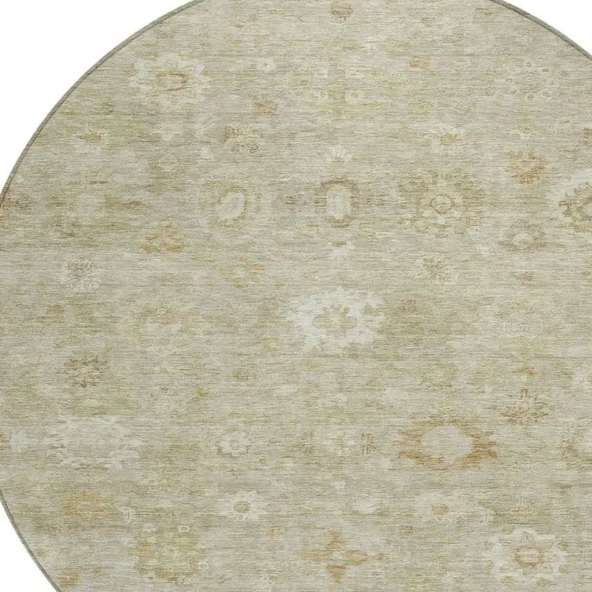 8' Beige Tan And Ivory Round Damask Washable Indoor Outdoor Area Rug Photo 9