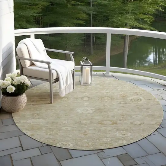 8' Beige Tan And Ivory Round Damask Washable Indoor Outdoor Area Rug Photo 6