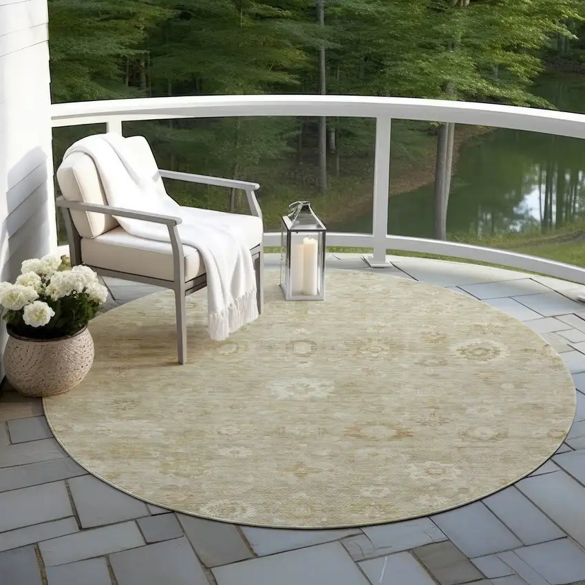 8' Beige Tan And Ivory Round Damask Washable Indoor Outdoor Area Rug Photo 6