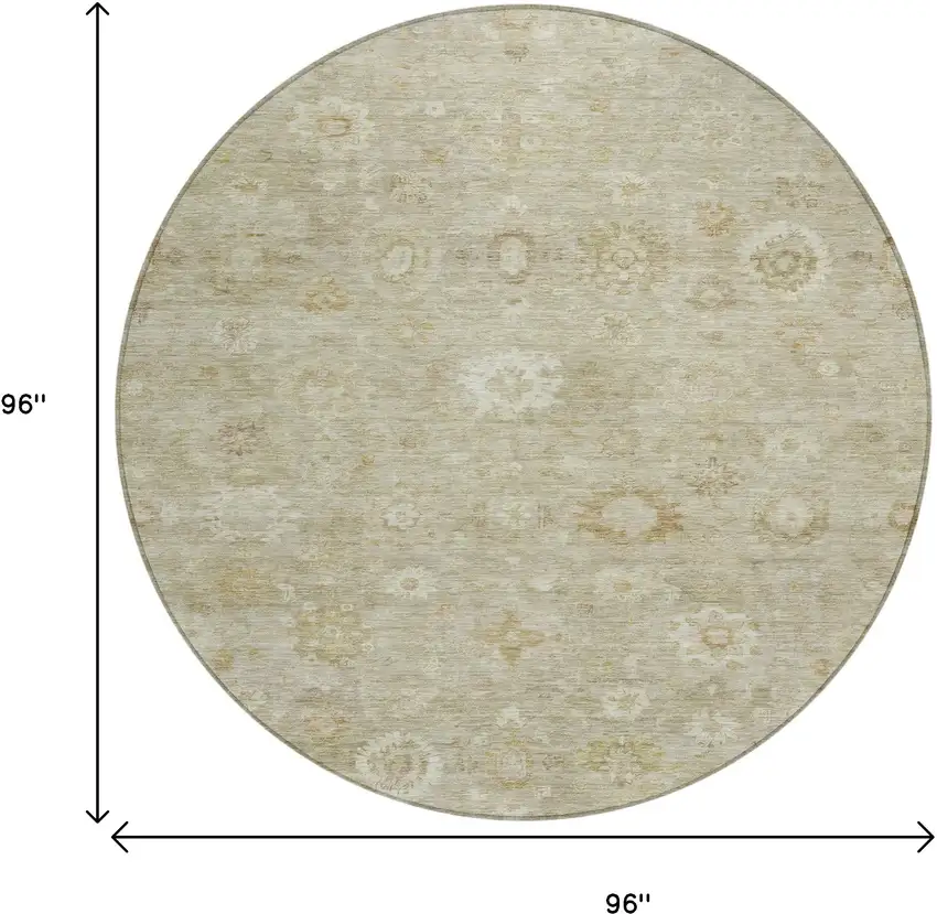 8' Beige Tan And Ivory Round Damask Washable Indoor Outdoor Area Rug Photo 9