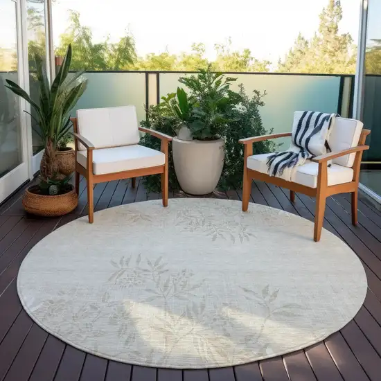 8' Beige Tan And Ivory Round Floral Washable Indoor Outdoor Area Rug Photo 6