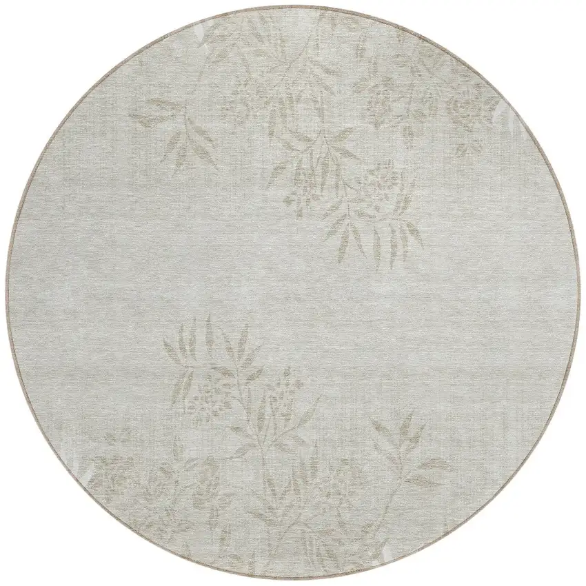 8' Beige Tan And Ivory Round Floral Washable Indoor Outdoor Area Rug Photo 5