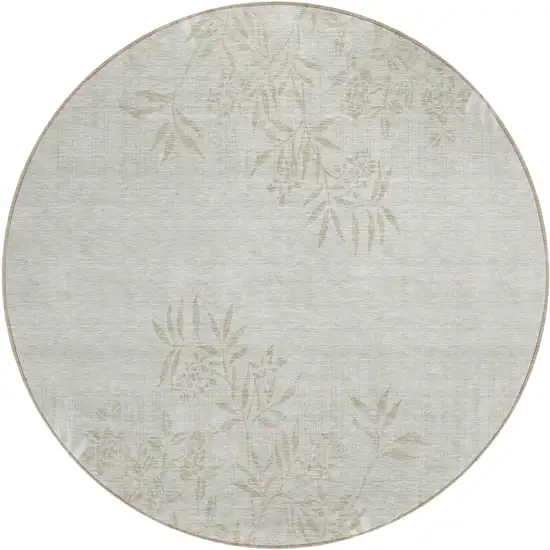 8' Beige Tan And Ivory Round Floral Washable Indoor Outdoor Area Rug Photo 2