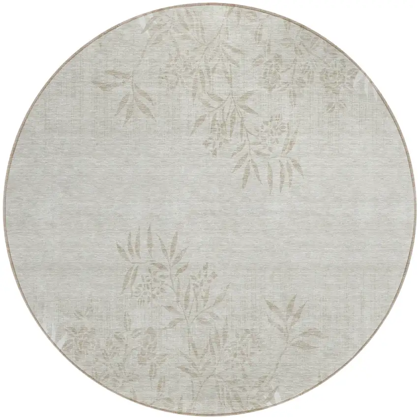 8' Beige Tan And Ivory Round Floral Washable Indoor Outdoor Area Rug Photo 2