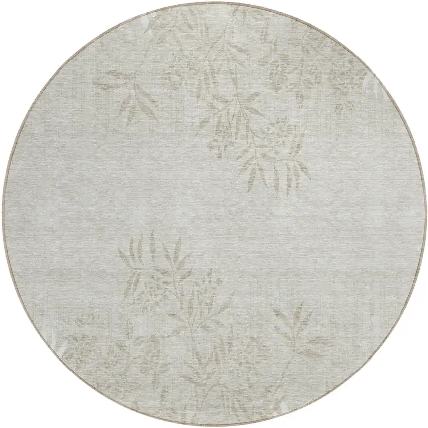 8' Beige Tan And Ivory Round Floral Washable Indoor Outdoor Area Rug Photo 2