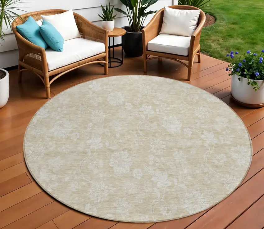 8' Beige Tan And Ivory Round Floral Washable Indoor Outdoor Area Rug Photo 1