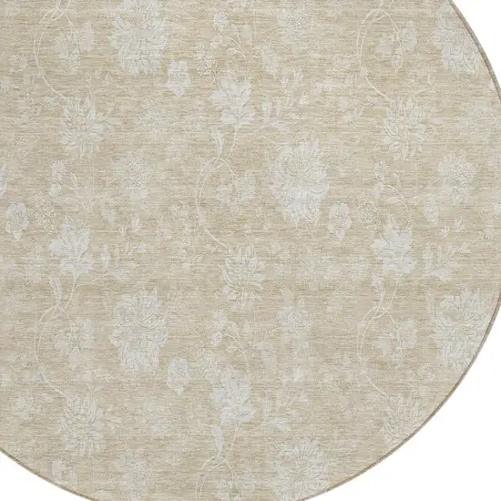 8' Beige Tan And Ivory Round Floral Washable Indoor Outdoor Area Rug Photo 4