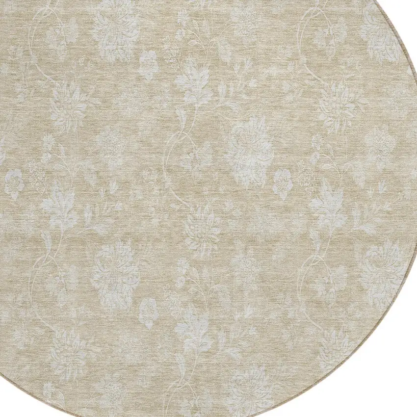 8' Beige Tan And Ivory Round Floral Washable Indoor Outdoor Area Rug Photo 4