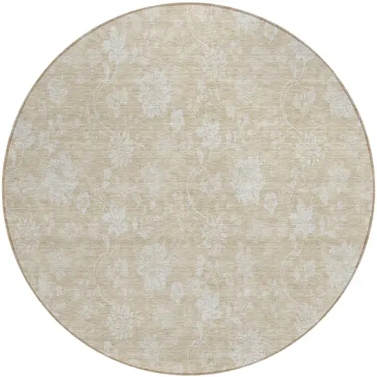 8' Beige Tan And Ivory Round Floral Washable Indoor Outdoor Area Rug Photo 2