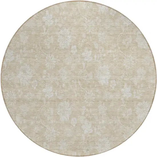 8' Beige Tan And Ivory Round Floral Washable Indoor Outdoor Area Rug Photo 2