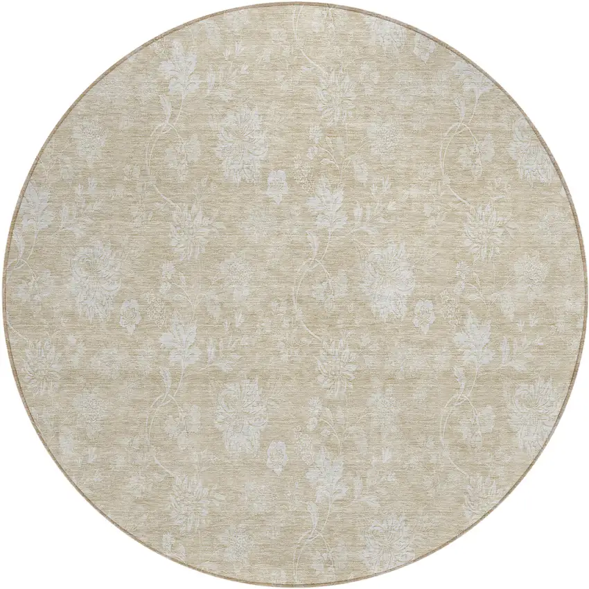 8' Beige Tan And Ivory Round Floral Washable Indoor Outdoor Area Rug Photo 2