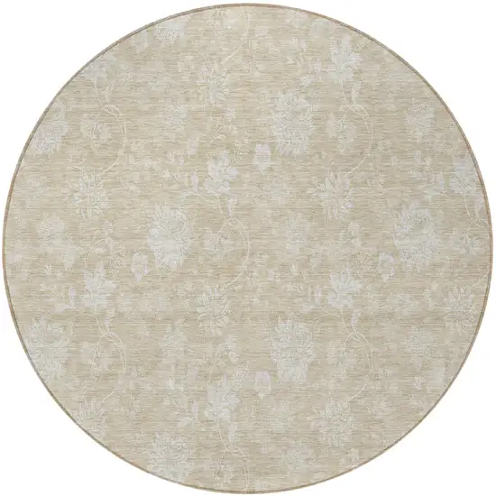 8' Beige Tan And Ivory Round Floral Washable Indoor Outdoor Area Rug Photo 5
