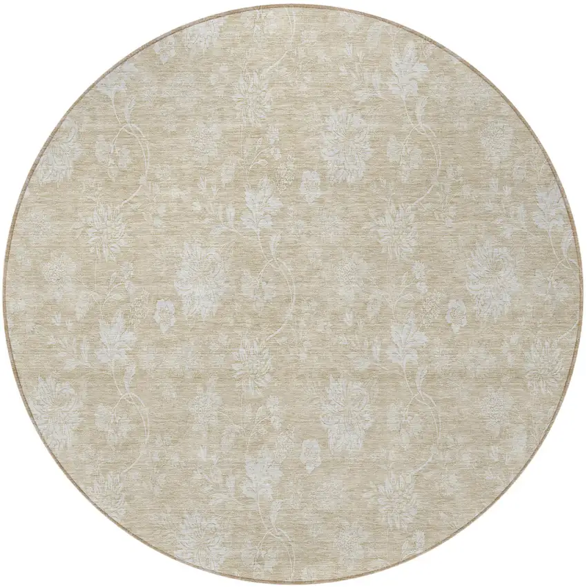 8' Beige Tan And Ivory Round Floral Washable Indoor Outdoor Area Rug Photo 5