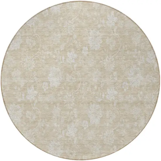 8' Beige Tan And Ivory Round Floral Washable Indoor Outdoor Area Rug Photo 5
