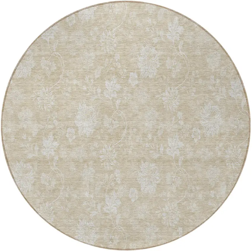 8' Beige Tan And Ivory Round Floral Washable Indoor Outdoor Area Rug Photo 5