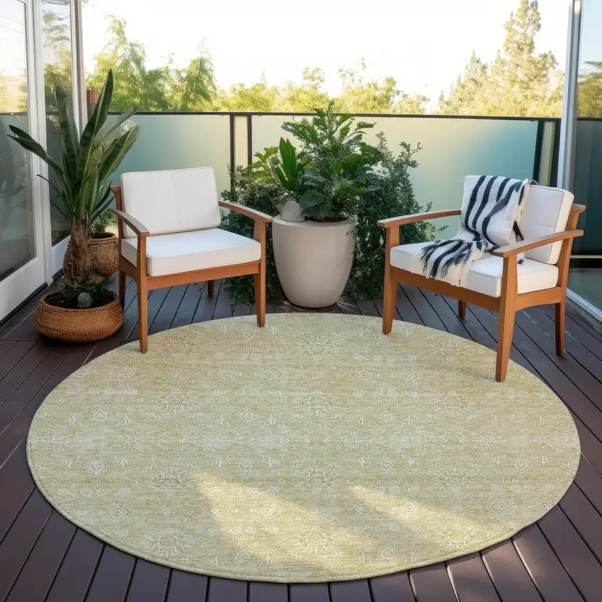 8' Beige Tan And Ivory Round Floral Washable Indoor Outdoor Area Rug Photo 6