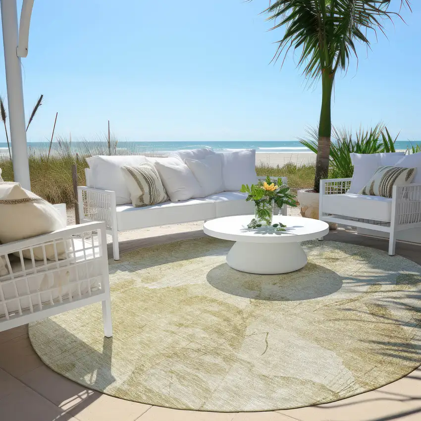 8' Beige Tan And Ivory Round Floral Washable Indoor Outdoor Area Rug Photo 6