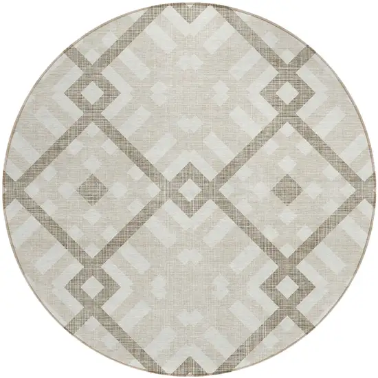 8' Beige Tan And Ivory Round Geometric Washable Indoor Outdoor Area Rug Photo 2