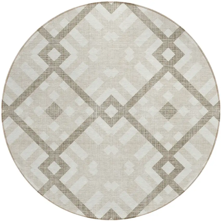 8' Beige Tan And Ivory Round Geometric Washable Indoor Outdoor Area Rug Photo 2