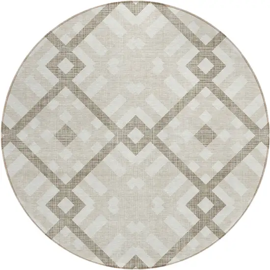 8' Beige Tan And Ivory Round Geometric Washable Indoor Outdoor Area Rug Photo 2