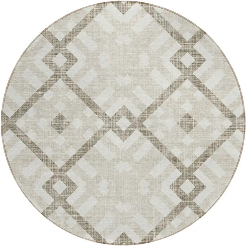 8' Beige Tan And Ivory Round Geometric Washable Indoor Outdoor Area Rug Photo 2