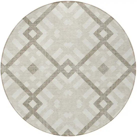 8' Beige Tan And Ivory Round Geometric Washable Indoor Outdoor Area Rug Photo 5