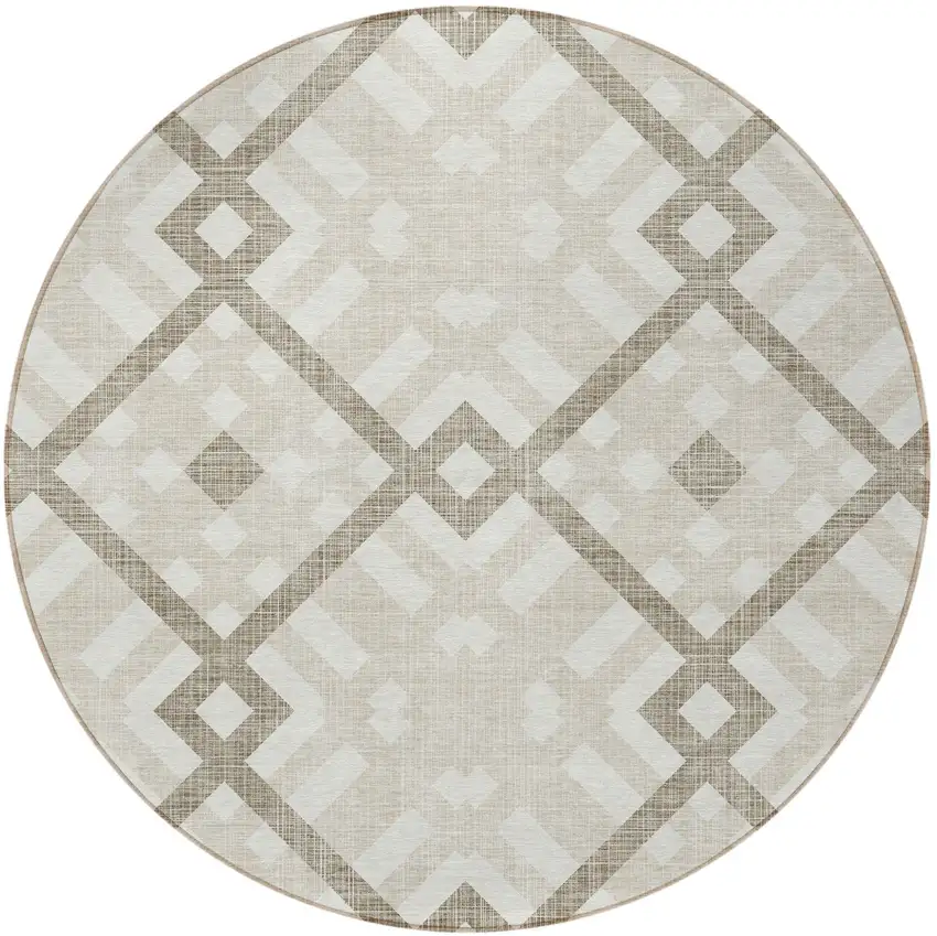 8' Beige Tan And Ivory Round Geometric Washable Indoor Outdoor Area Rug Photo 5