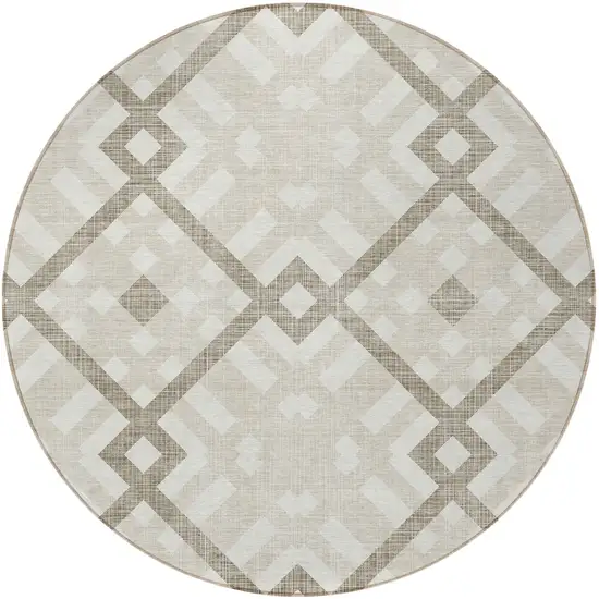 8' Beige Tan And Ivory Round Geometric Washable Indoor Outdoor Area Rug Photo 5