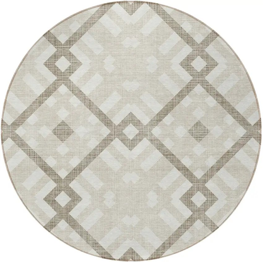 8' Beige Tan And Ivory Round Geometric Washable Indoor Outdoor Area Rug Photo 5