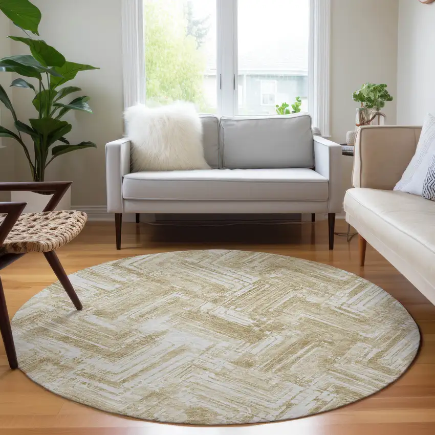 8' Beige Tan And Ivory Round Geometric Washable Indoor Outdoor Area Rug Photo 7