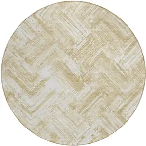 Photo of 8' Beige Tan And Ivory Round Geometric Washable Indoor Outdoor Area Rug
